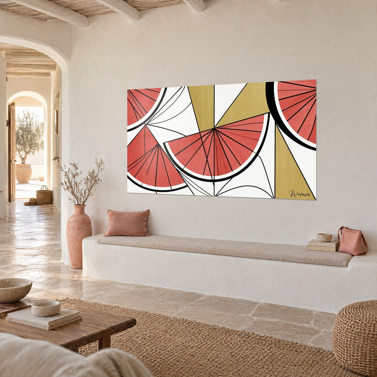 Wall art radiant red half-moons on white background, gold flat areas and black lines, three-quarter view, white Mediterranean bench