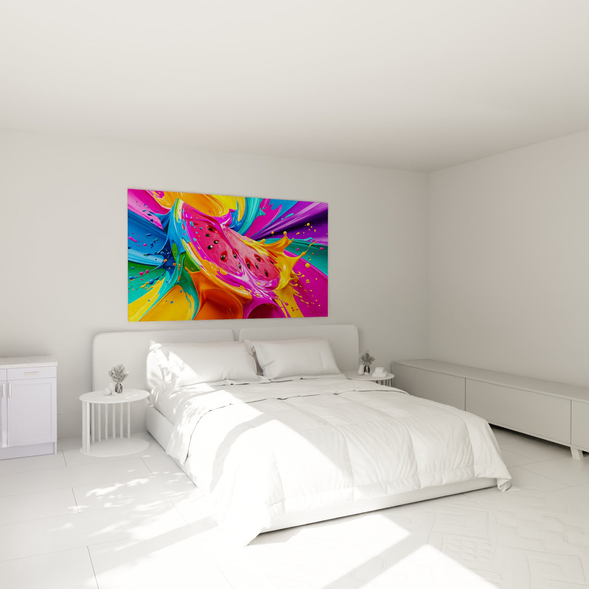 Fruit éclaté en tourbillon rose et bleu turquoise au-dessus d'un lit dans une chambre claire