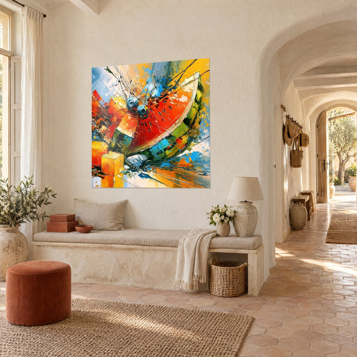 Wall art of a summer fruit being cut with a knife, vermilion flesh and green rind, turquoise touches, three-quarter view in a vaulted hallway