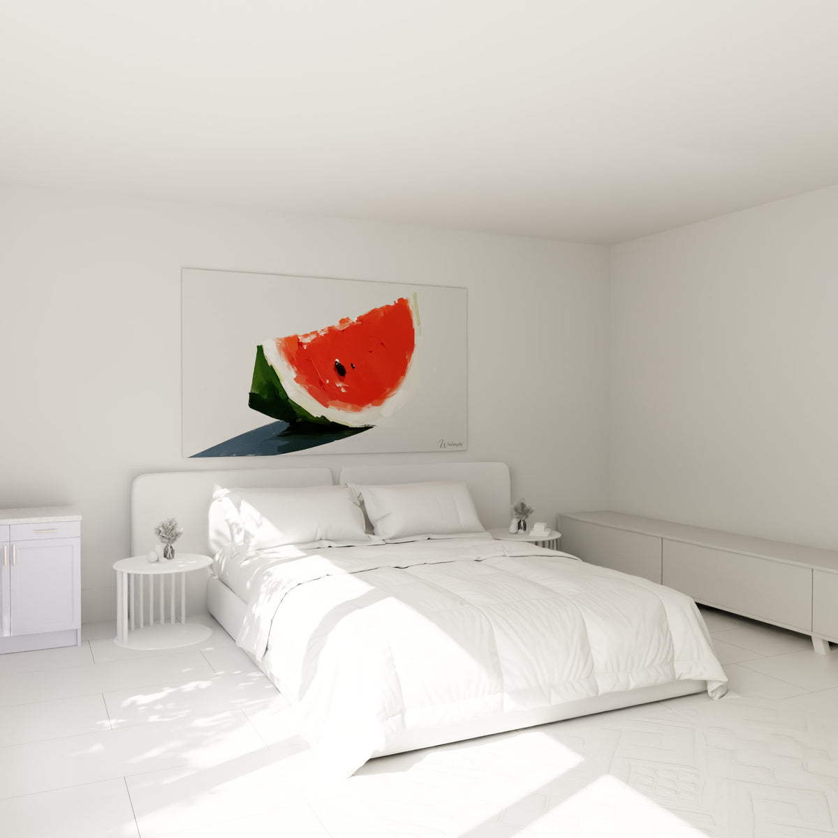 Quartier de pastèque rouge et vert peint, au-dessus d'un lit dans une chambre claire