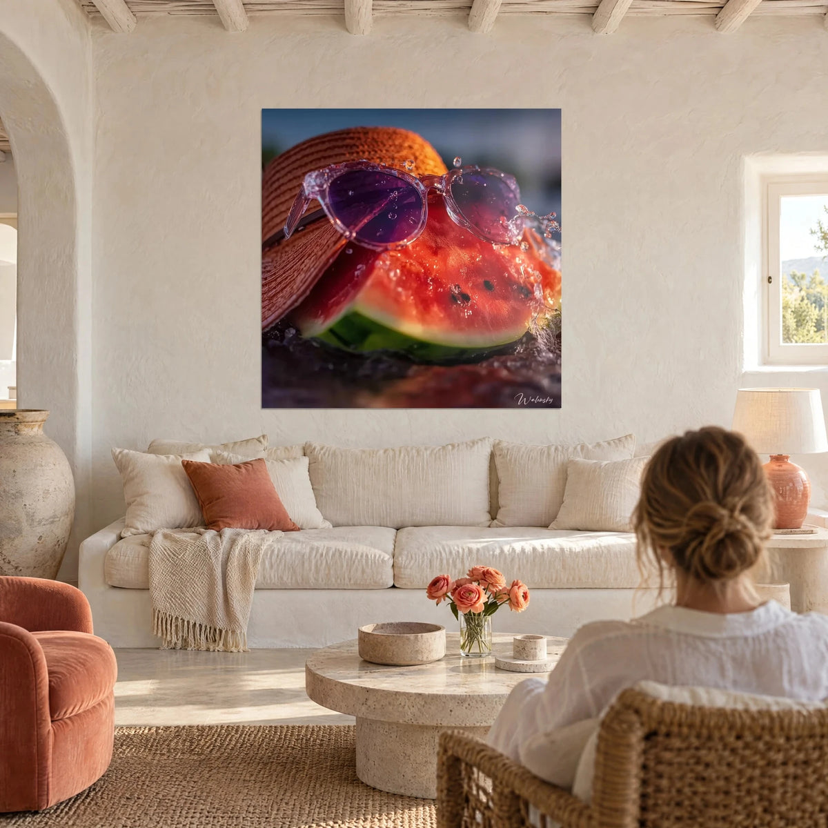Quadro di anguria rossa schizzata con occhiali viola sotto un cappello di paglia arancio, sopra un divano in un soggiorno luminoso