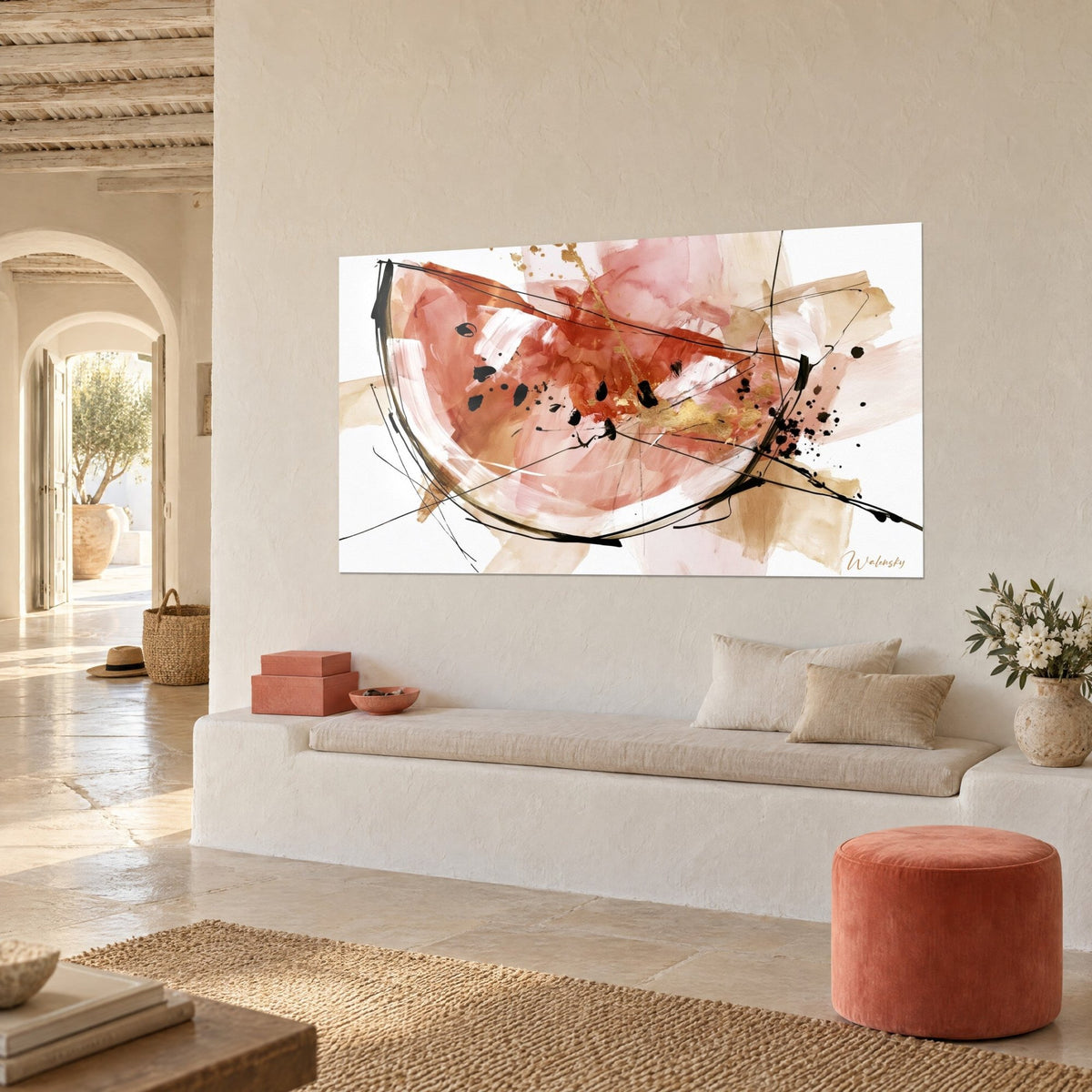 Wall art summer fruit in powdered pink and ochre blocks, black seeds and gold line, rough plaster wall, Mediterranean house