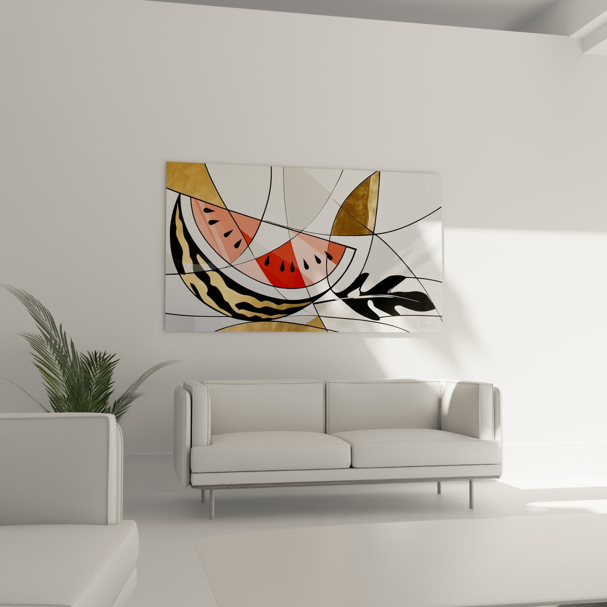 Motif de pastèque rouge éclatant à pépins noirs disposé au-dessus d'un canapé dans un salon lumineux