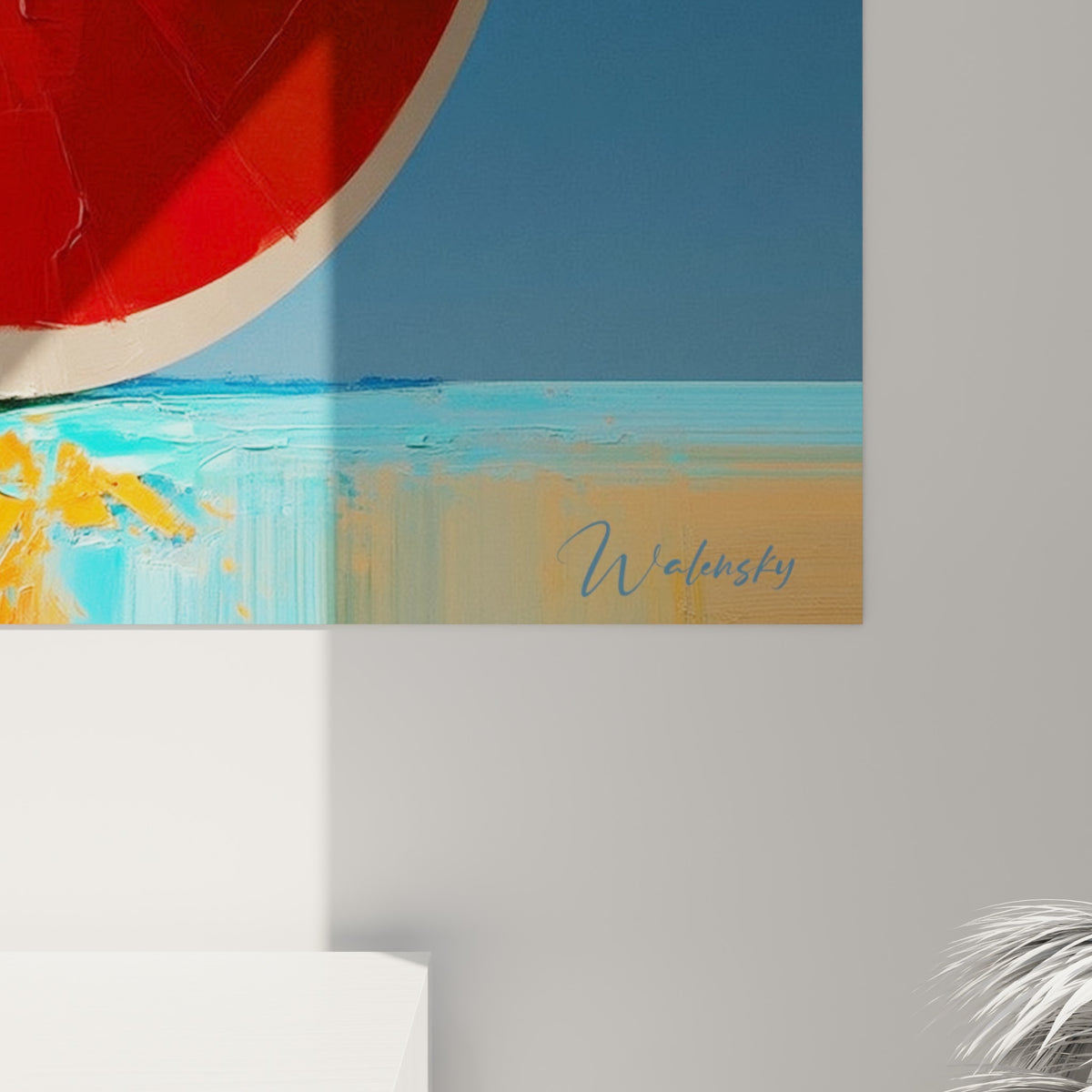 Détail de la pastèque montrant les empâtements orange, rouge et blanc crème, matière épaisse et coulures visibles