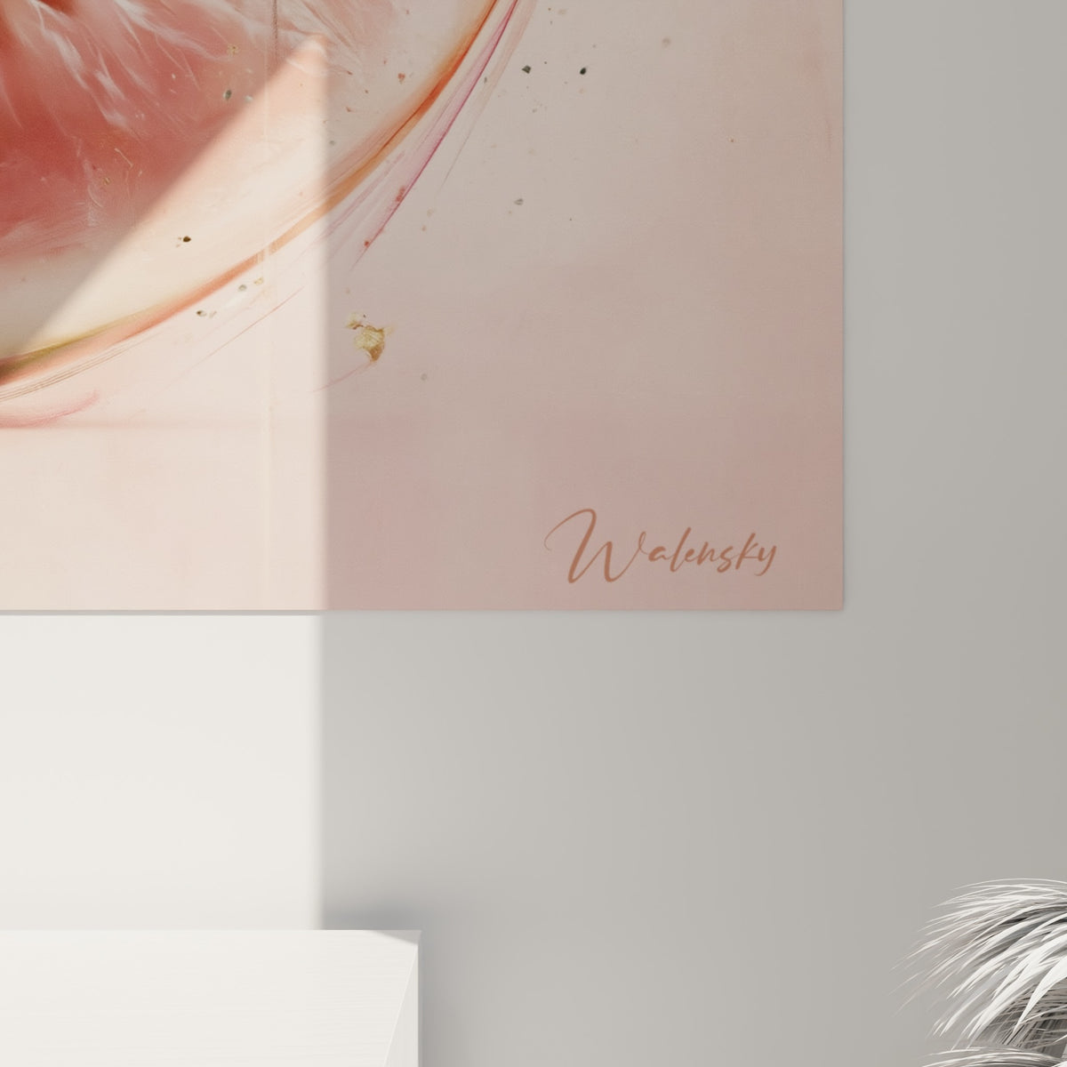 Détail de la tranche de pastèque montrant le grain doré et les empâtements roses sur la toile