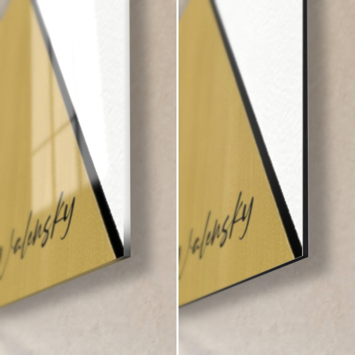 Wall art red and gold watermelon quarters signed Walensky, lower right corner, glossy glass on the left, matte Dibond on the right