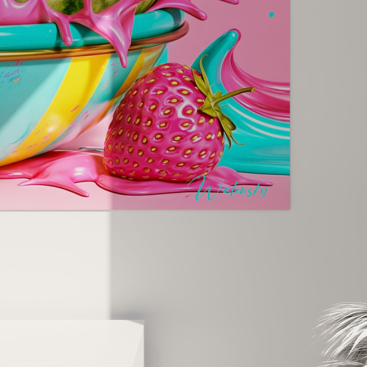 Détail de la pastèque montrant les pépins noirs, la chair rose brillante et les coulures épaisses turquoise et fuchsia