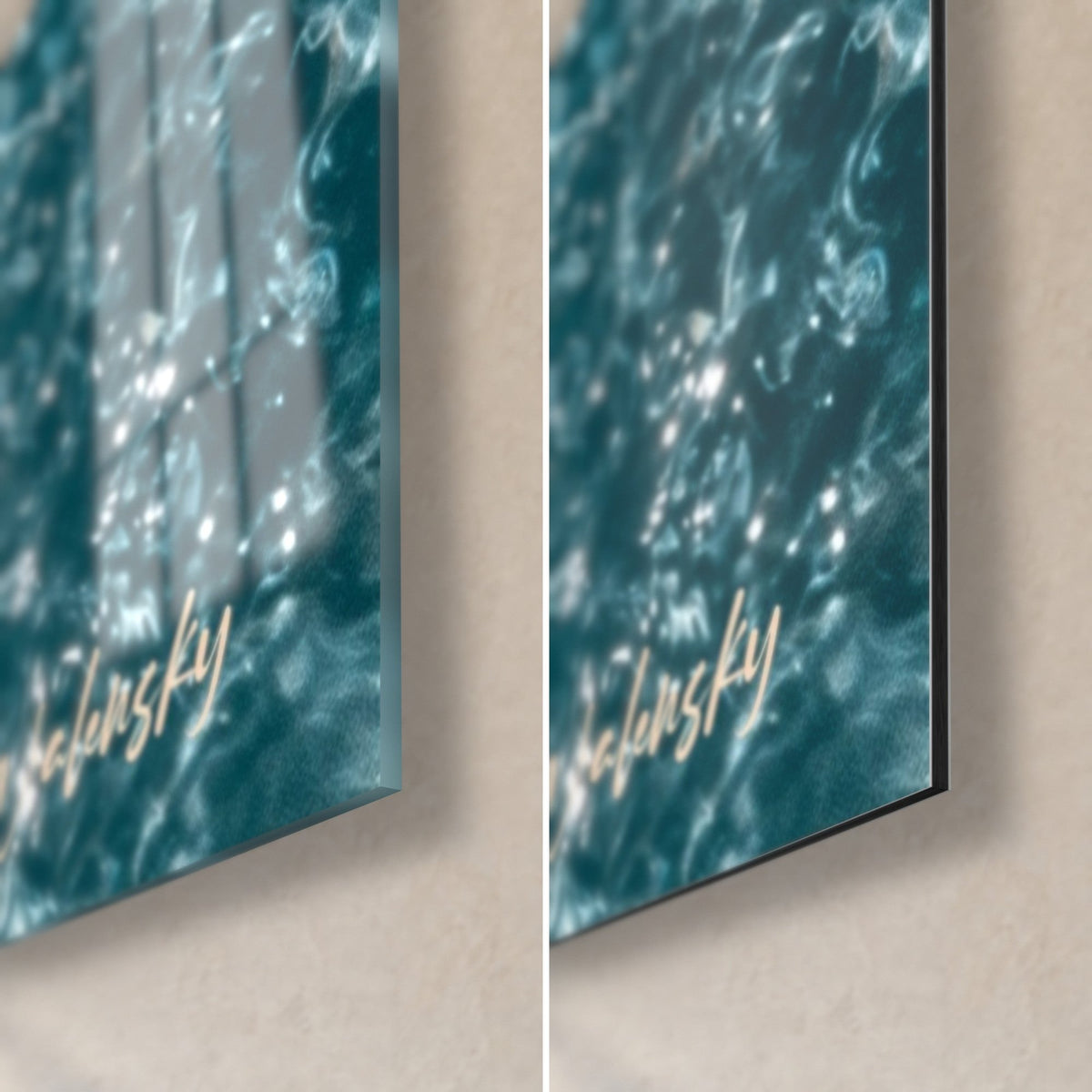 Wall art scarlet watermelon slice on deep blue water, lower right corner, glossy acrylic glass on the left, matte black Dibond on the right
