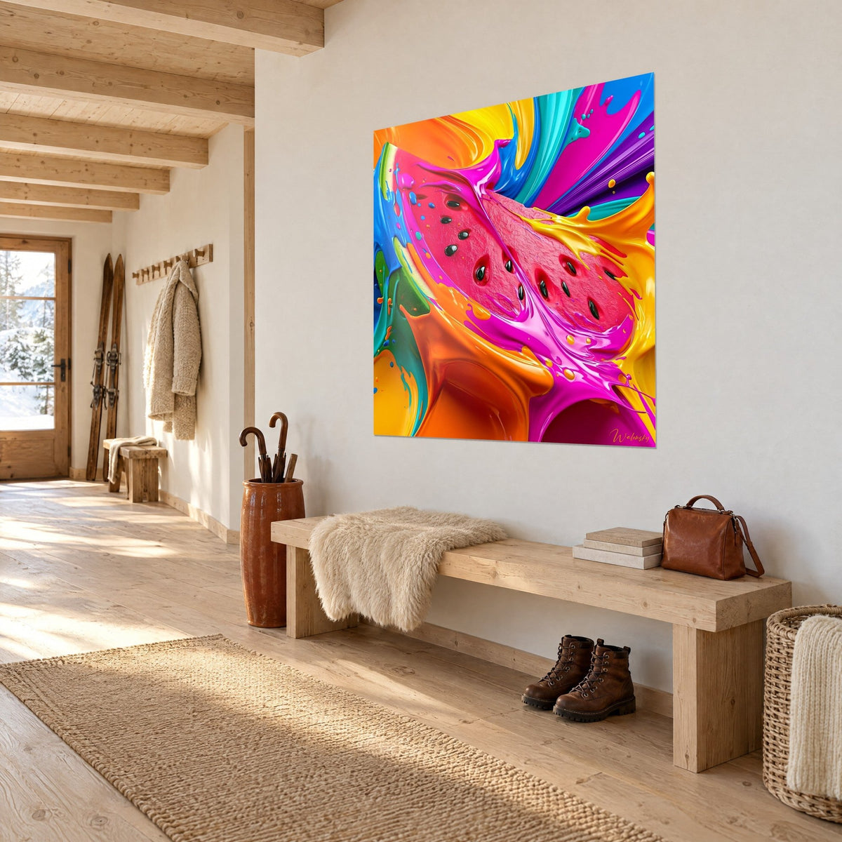 Wall art red fruit burst open by magenta and orange paint drips, glossy black seeds, hung in an entrance with light wood