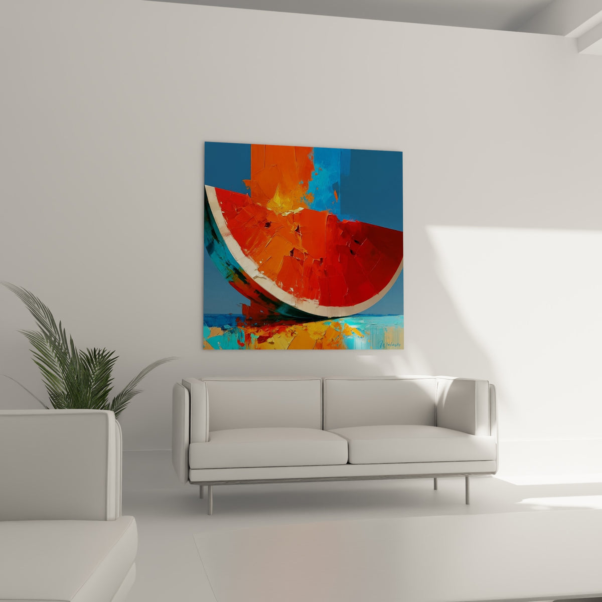 Fruit rouge et bleu marine traité en larges empâtements, suspendu au-dessus d'un canapé dans un salon lumineux