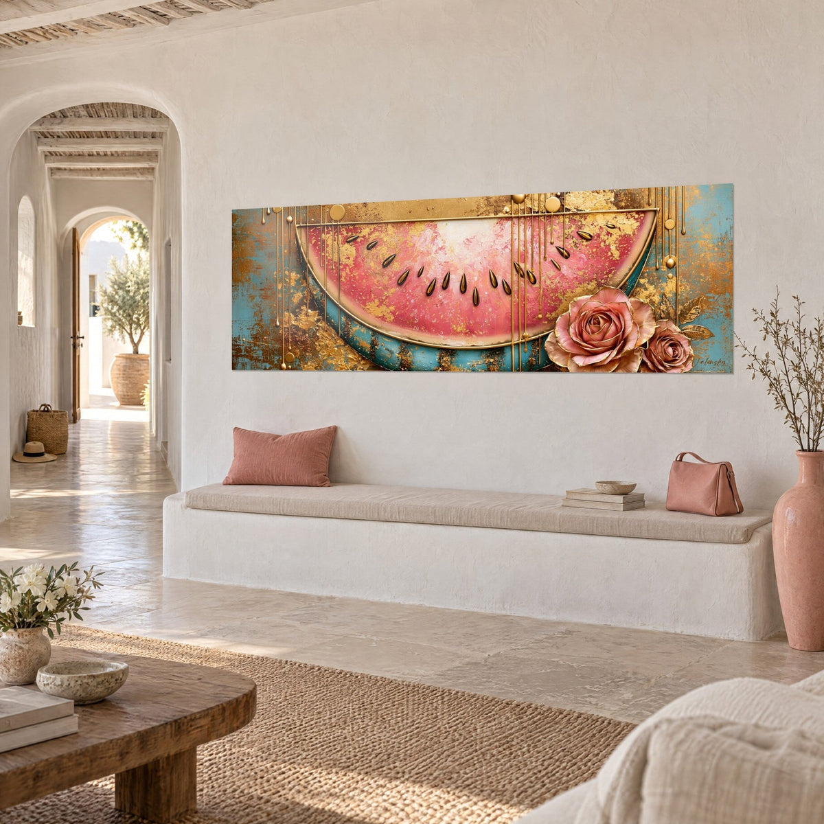 Tableau fruit rafraîchissant aux reflets rose corail et turquoise, écorce bleutée, feuilles d'or, bouquet de roses, salon méditerranéen