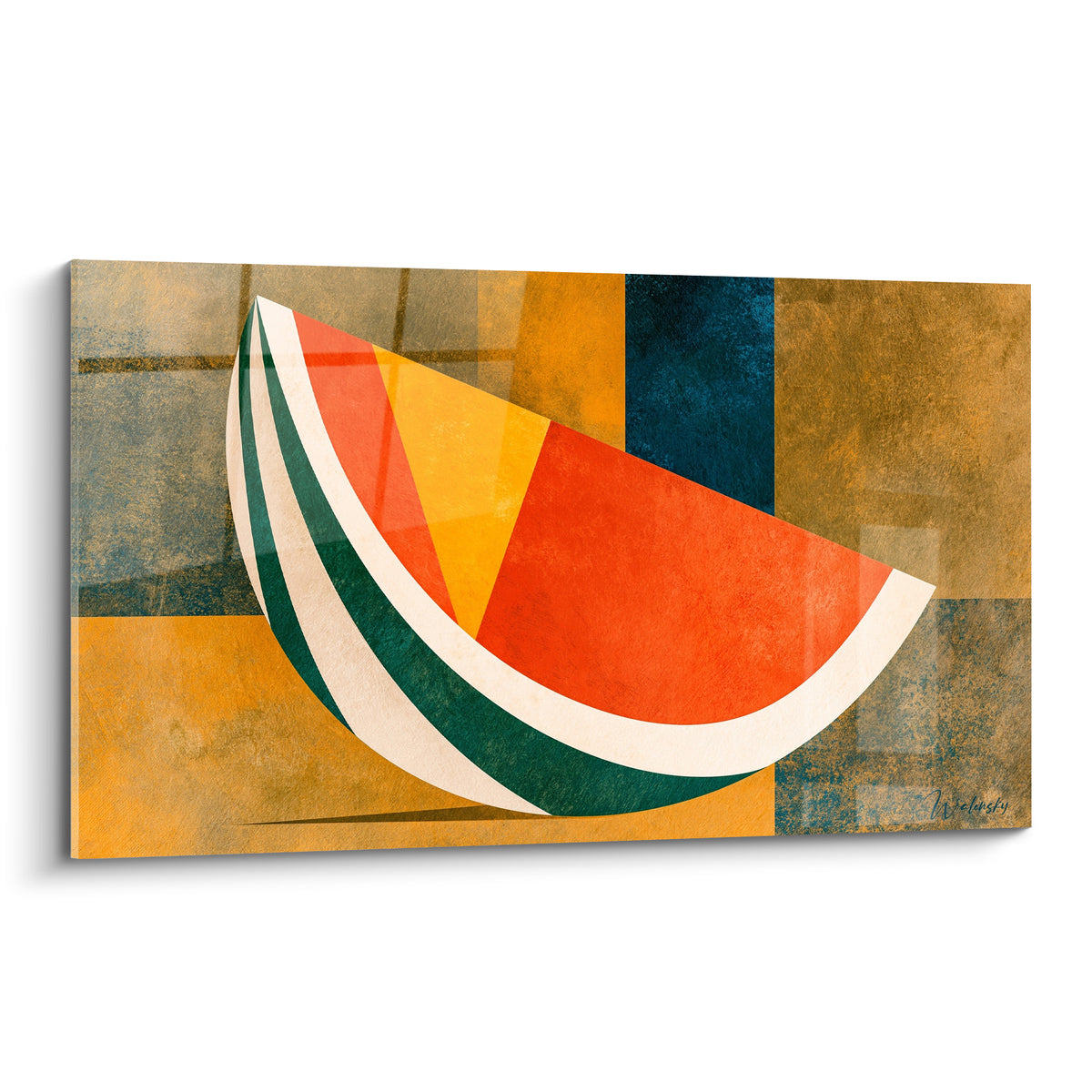 Pastèque géométrique orange et verte, formes triangulaires sur fond ocre et bleu marine