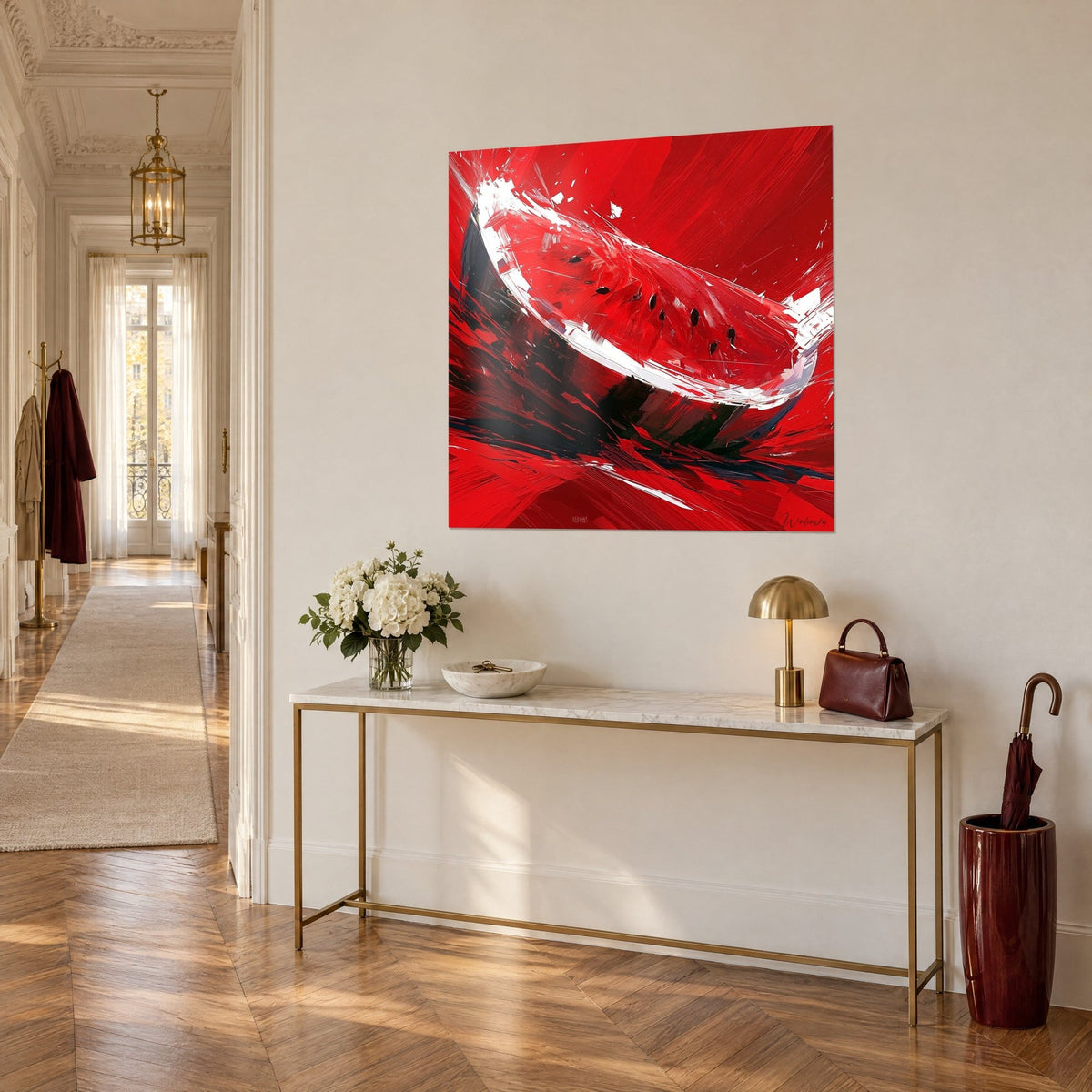 Wall art watermelon slice in palette knife strokes, carmine red and black rind, hung above a gilded console in a Haussmann-style entrance hall
