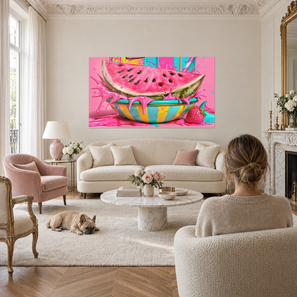 Tableau pastèque rose en tranche, bol rayé turquoise et jaune, éclaboussures fuchsia, une femme de dos et son bulldog au-dessus d'un canapé dans un salon lumineux