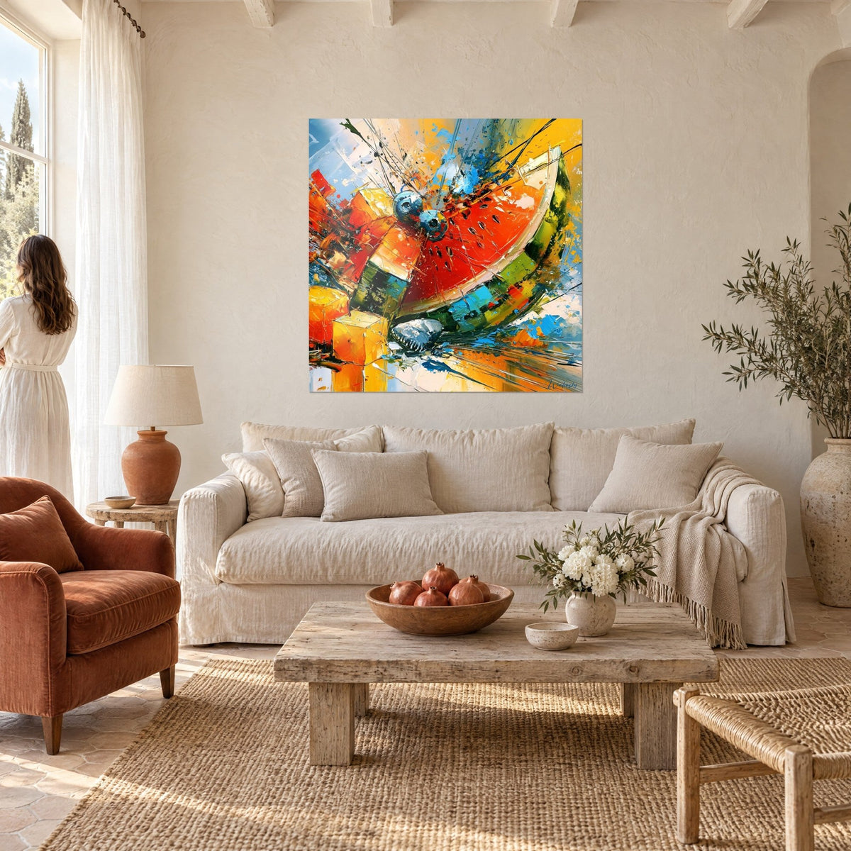 Wall art of a bursting red watermelon slice, blue and sunny yellow splashes, woman seen from behind, above a sofa in a bright living room