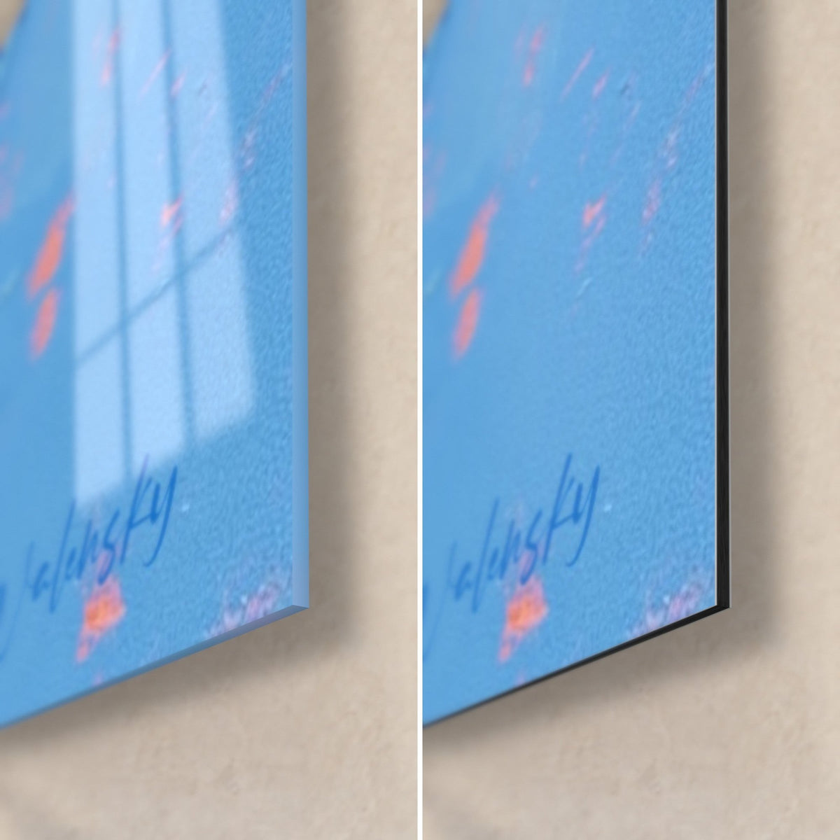 Wall art of a half watermelon in thick orange impasto, bottom right corner: glossy acrylic glass on the left, matte brushed Dibond aluminum on the right, 3 mm thickness