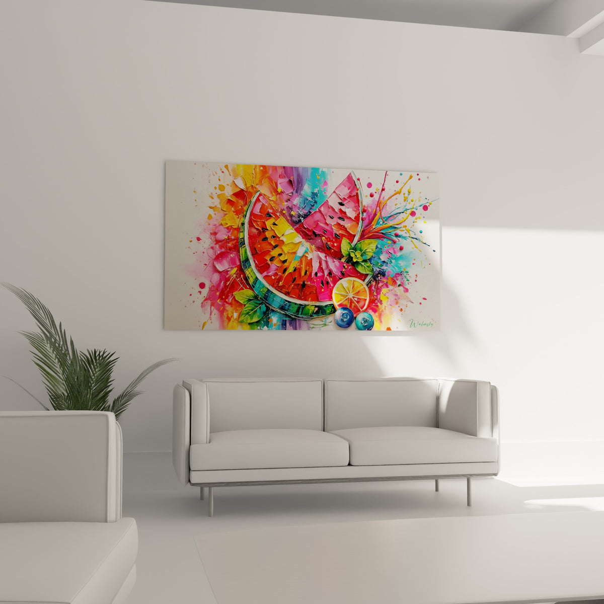Tranche de pastèque orangée et myrtilles bleutées, disposée au-dessus d'un canapé dans un salon lumineux
