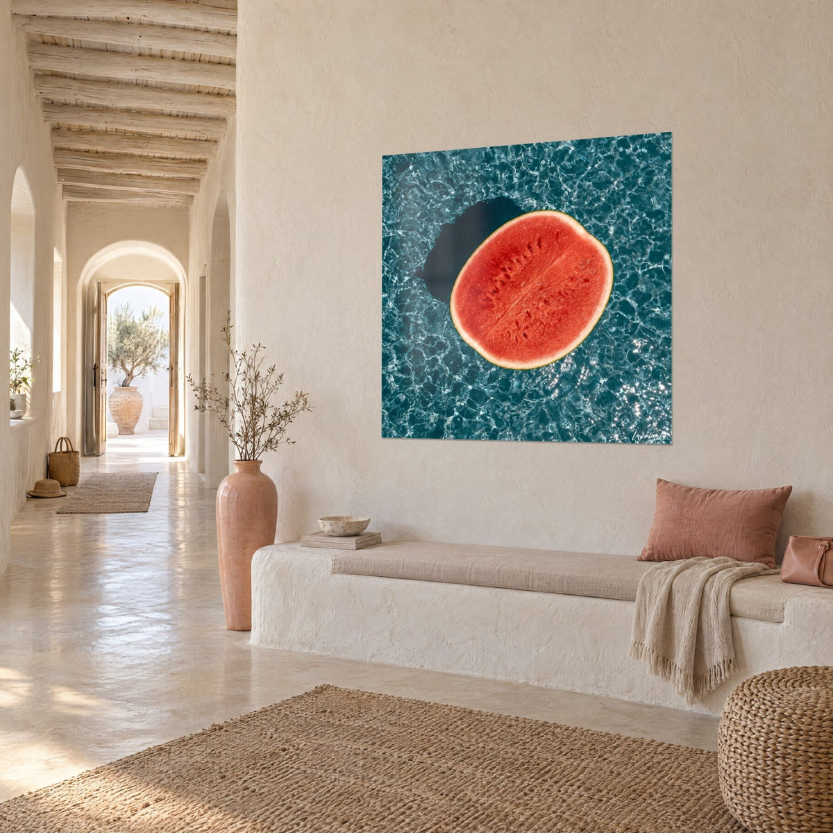 Wall art of a halved summer fruit, coral flesh and cream rind on duck-blue water, three-quarter view, vaulted hallway