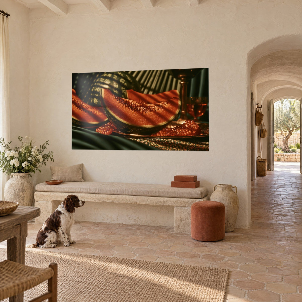 Tableau quartier de melon rouge vif aux pépins bruns, nappe verte brodée, vu de trois-quarts, spaniel assis, mas provençal