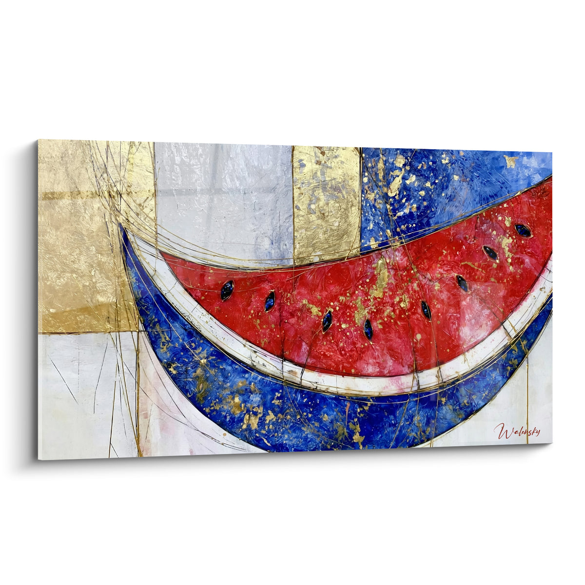 Pastèque rouge et bleu marine dorée en tranche stylisée sur fond beige et gris texturé
