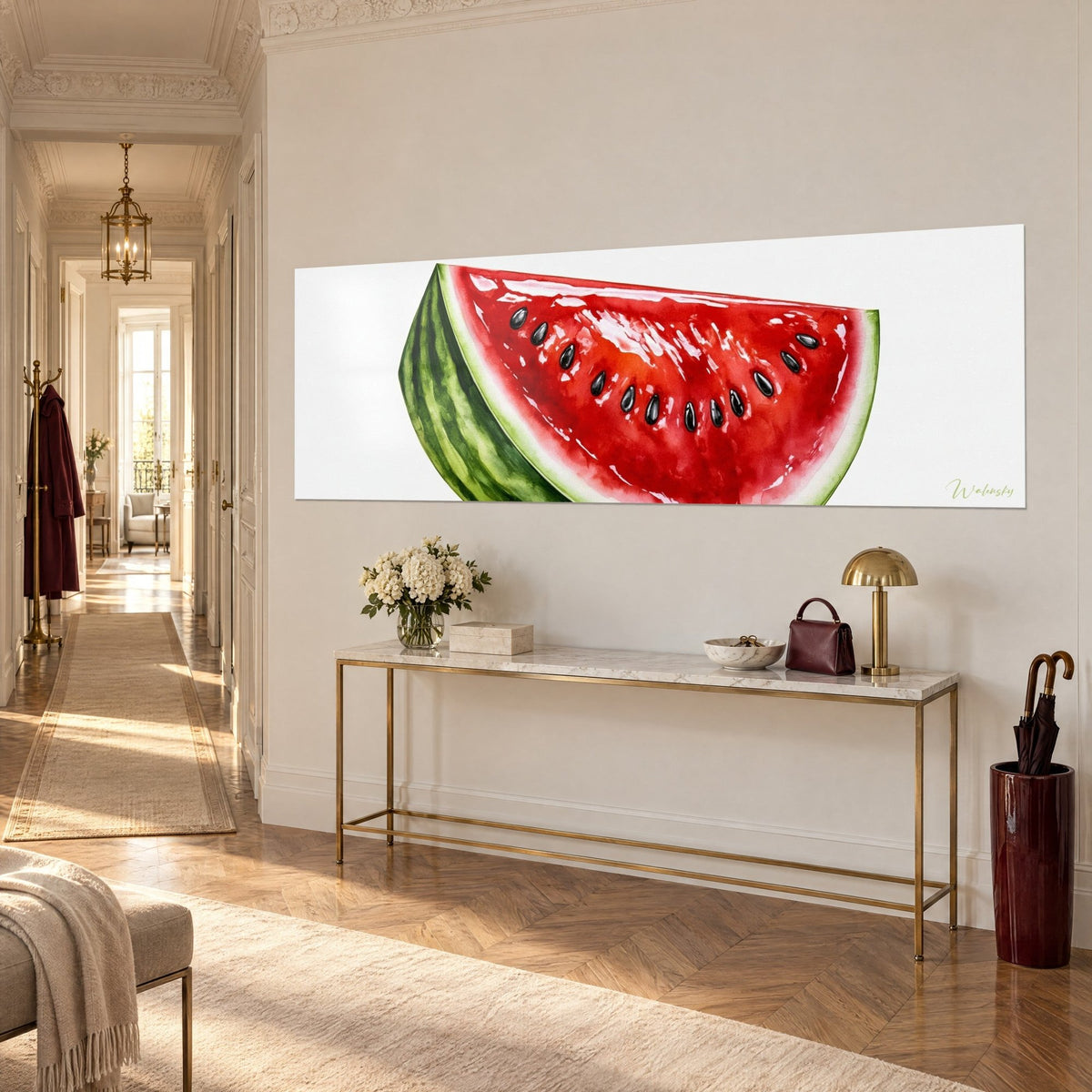 Wall art of a watermelon slice in watercolour, scarlet flesh and soft green rind, three-quarter view on a gilded console table