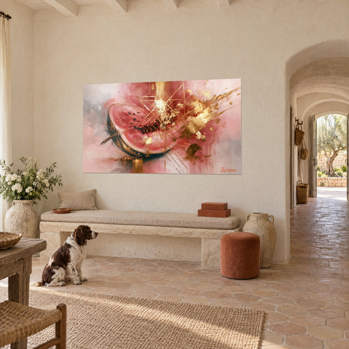 Wall art sliced red fruit with black seeds, golden streaks and pale pink background, above a stone bench in a Provençal farmhouse