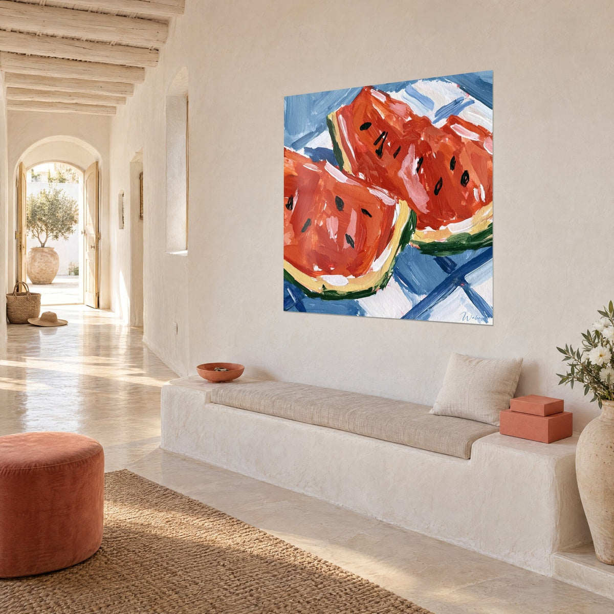 Wall art of bright orange watermelon wedges, black seeds and green rind, azure and white checkered pattern, three-quarter view, light hallway
