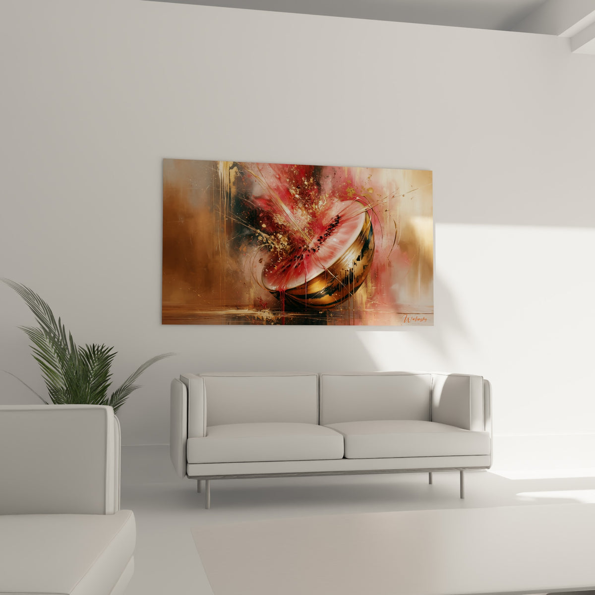 Fruit éclaté aux tons rose vif et dorés, disposé au-dessus d'un canapé dans un salon lumineux