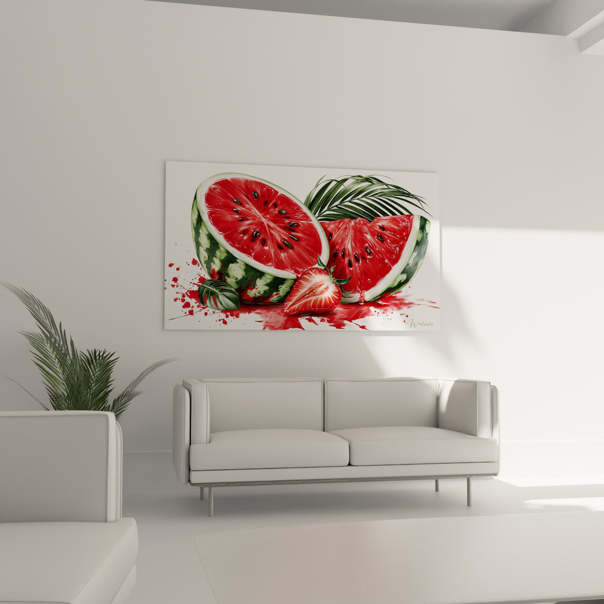 Fruits rouges et verts, pastèque tranchée et fraise juteuse, au-dessus d'un canapé dans un salon lumineux