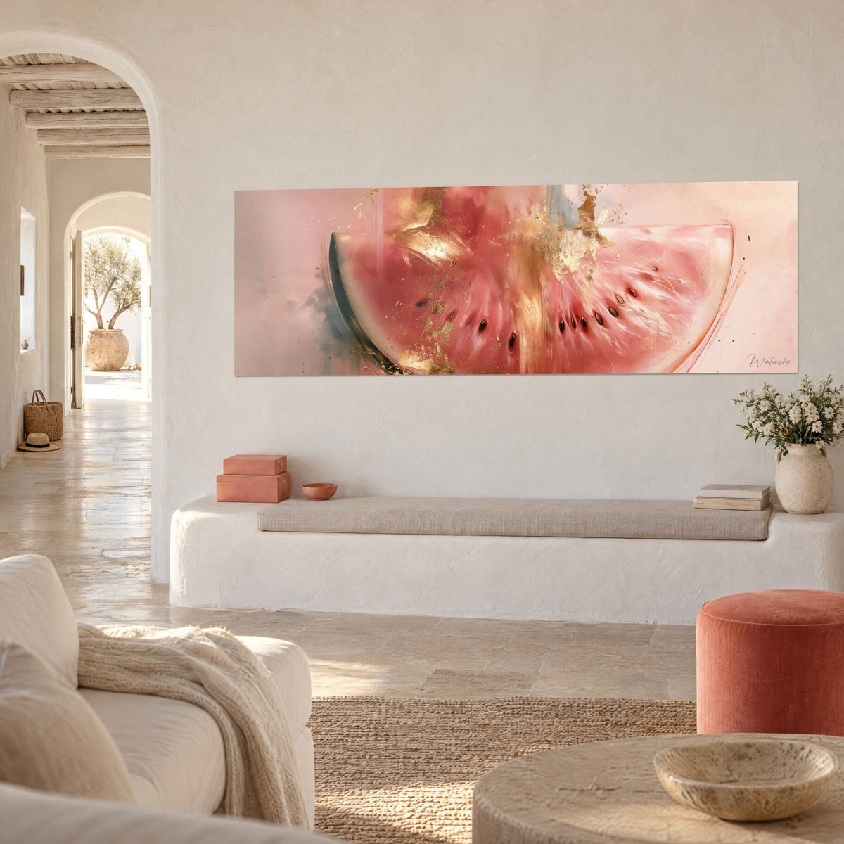 Wall art vermeil watermelon wedge, deep green rind, gold leaf accents, whitewashed wall and handmade Mediterranean bench