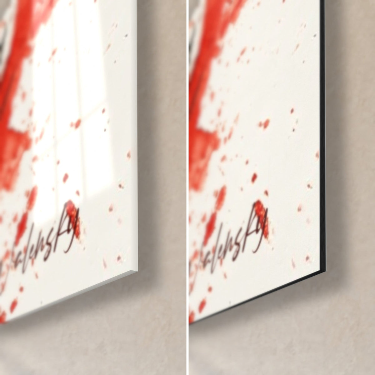 Wall art red and black watermelon, bottom right corner in glossy acrylic glass and matte Dibond aluminum, 3 mm edge visible