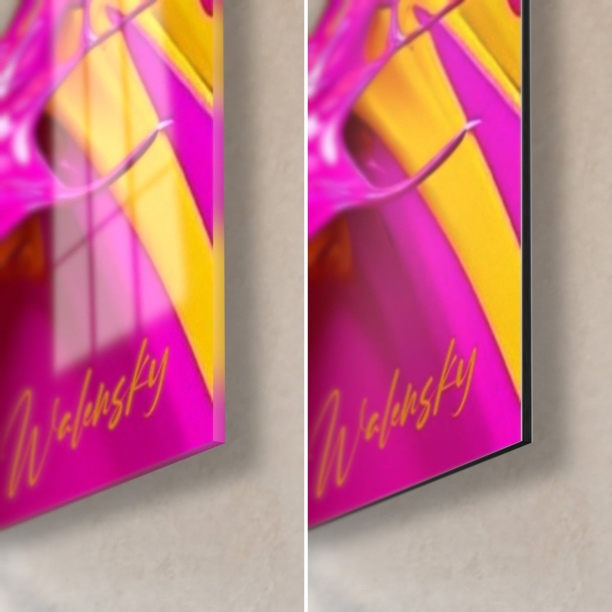 Wall art pink and yellow watermelon, bottom right corner: glossy acrylic glass reflecting light, matte Dibond aluminium, 3 mm slice
