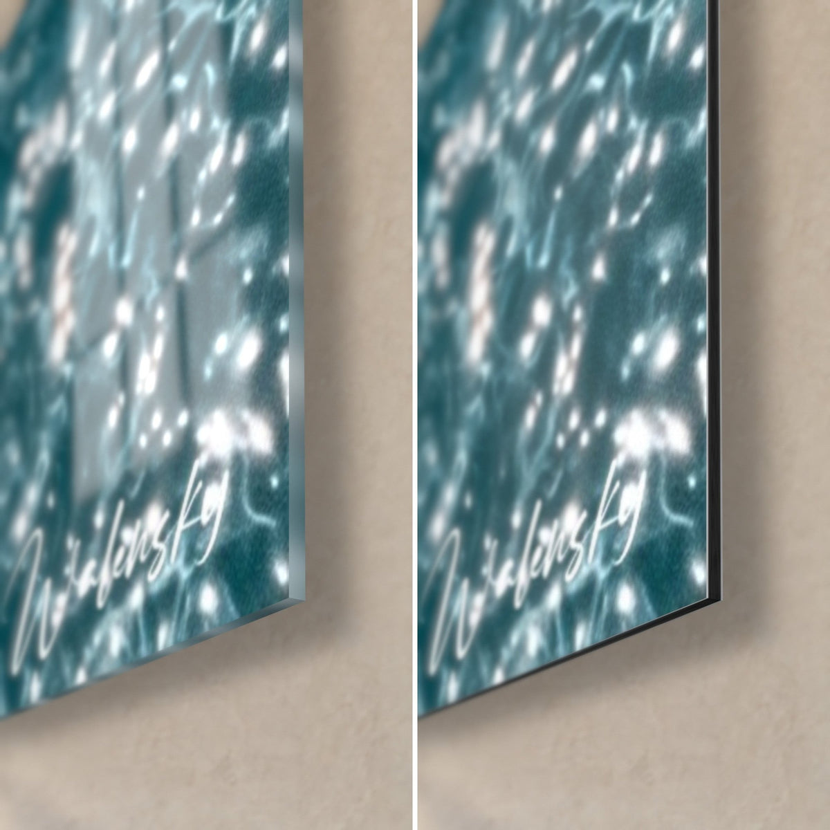 Wall art of a red watermelon on turquoise water, bottom right corner: glossy glass on the left, matte Dibond on the right, 3 mm edge