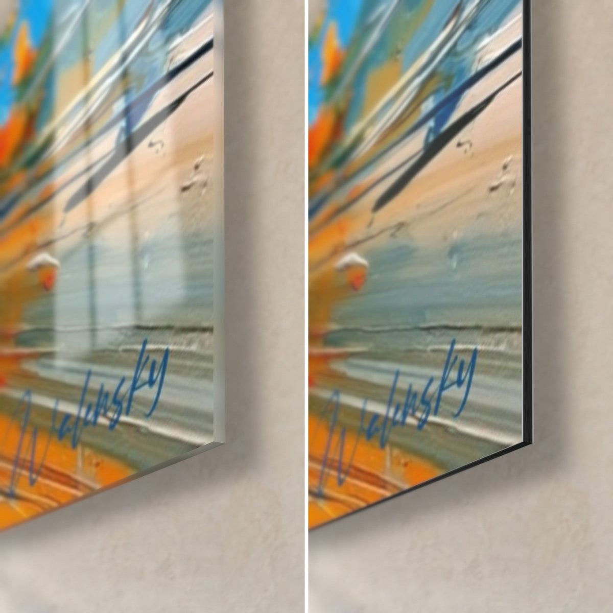 Wall art of a watermelon with glossy highlights, lower right corner: acrylic glass on the left, matte orange and blue Dibond on the right, 3 mm thickness