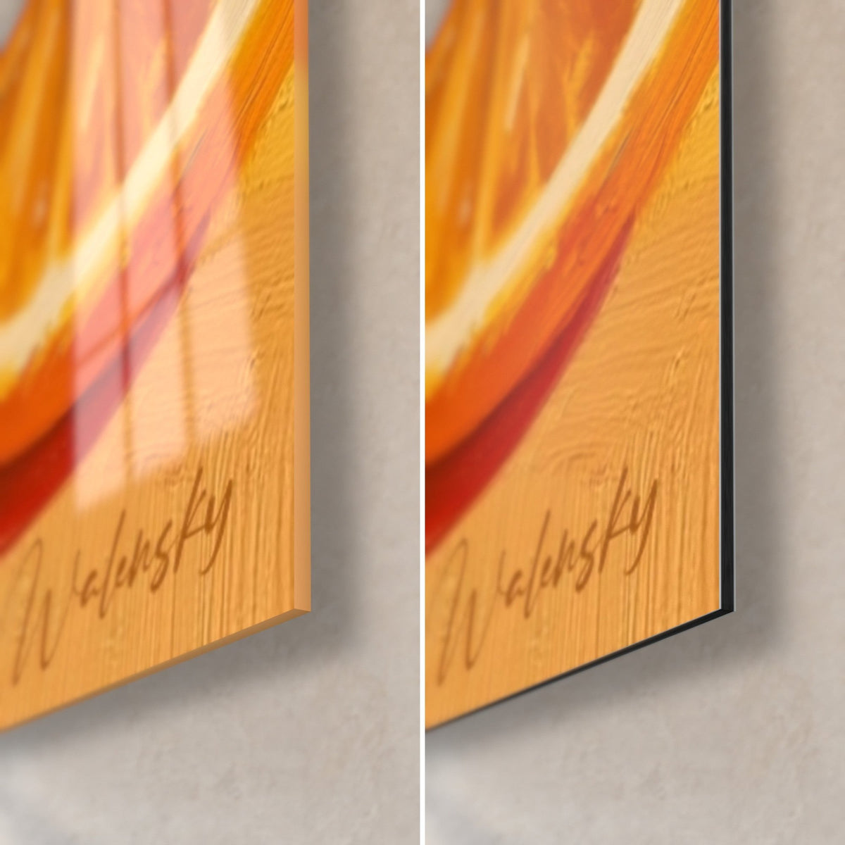 Wall art watermelon slice, bottom right corner: Walensky signature on orange ochre, glossy glass and matte Dibond, 3 mm slice