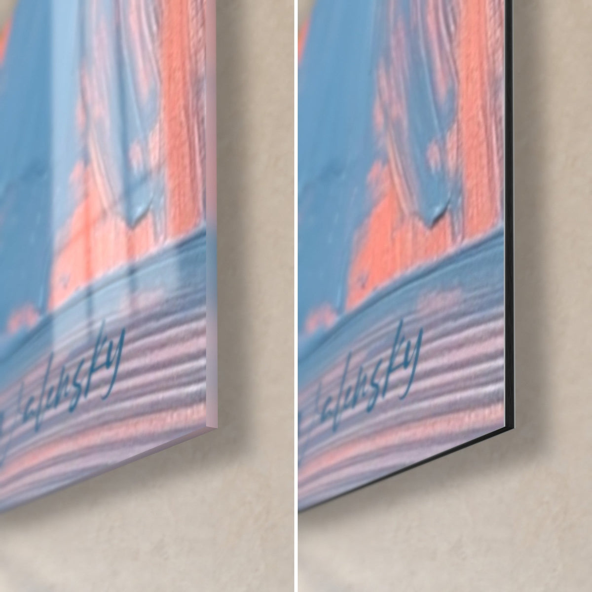 Wall art of a red and blue watermelon slice, bottom right corner: glossy acrylic glass on the left, matte Dibond aluminum on the right