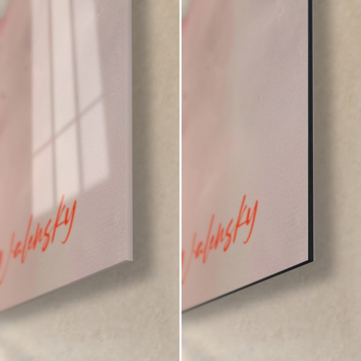 Wall art pink and gold watermelon, bottom right corner: glossy acrylic glass on the left, matte Dibond aluminum on the right, 3 mm thickness
