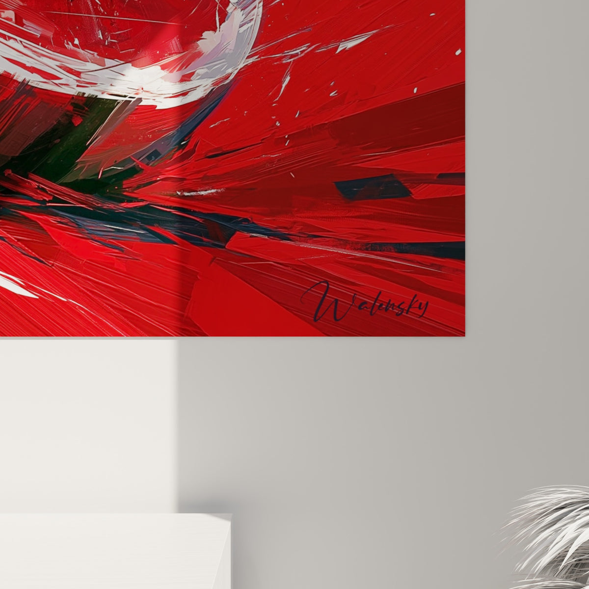 Détail de la toile pastèque montrant les coulures blanches et le grain texturé du rouge profond