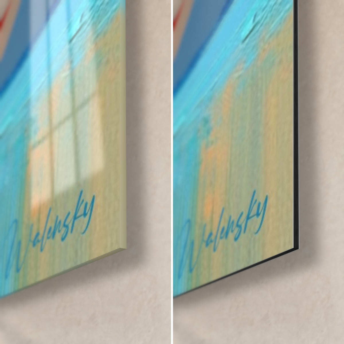 Tableau pastèque rouge et turquoise, coin bas droit : verre acrylique brillant à gauche, alu Dibond mat noir à droite