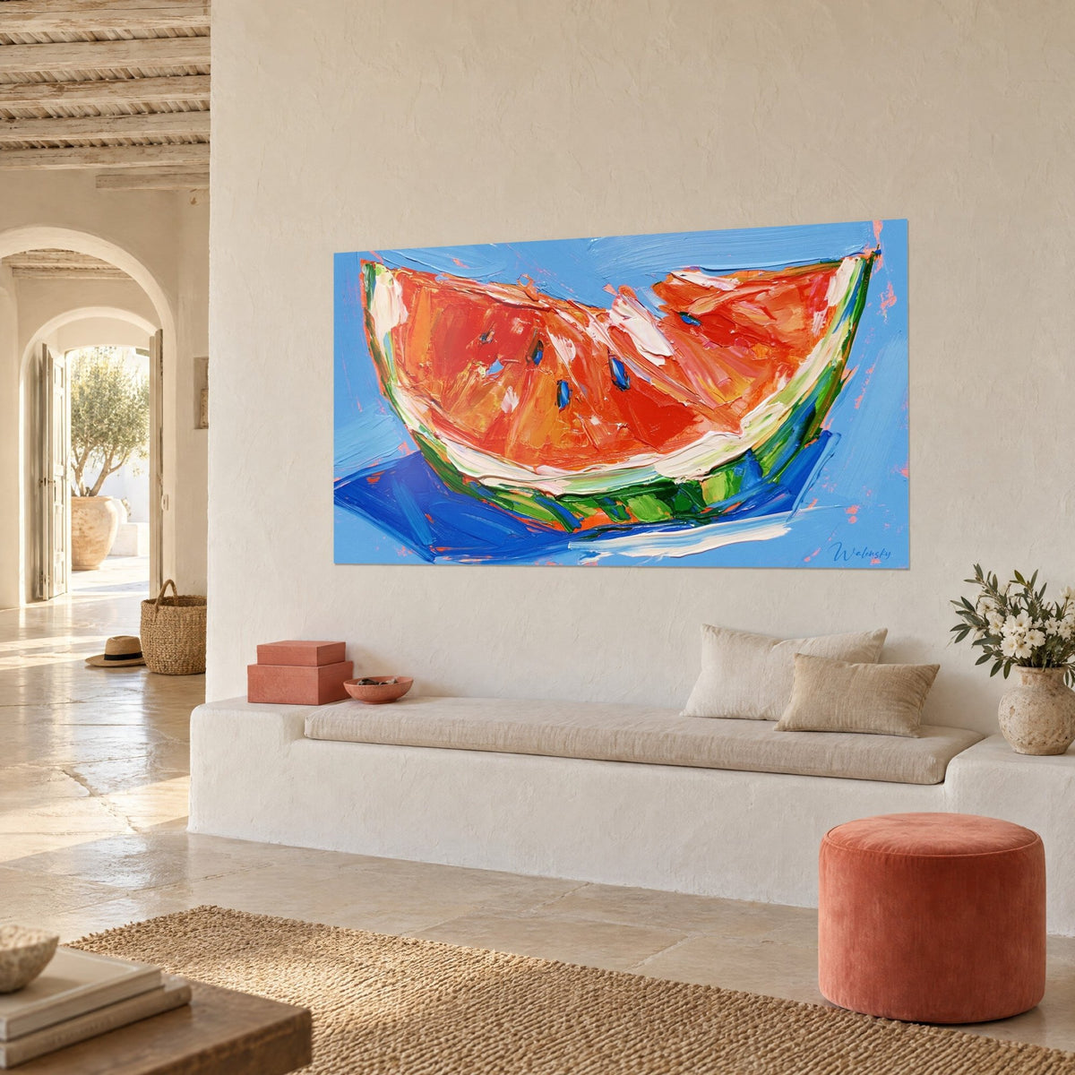 Wall art of a watermelon slice in thick cream white and bold green brushstrokes, cobalt blue shadow, three-quarter view, a house's bench seat