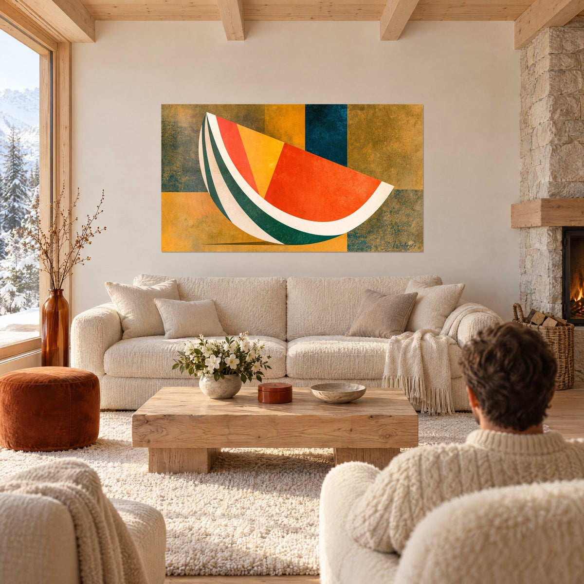 Wall art orange and yellow watermelon wedge on ochre patchwork, curved green rind, above a sofa in a bright living room