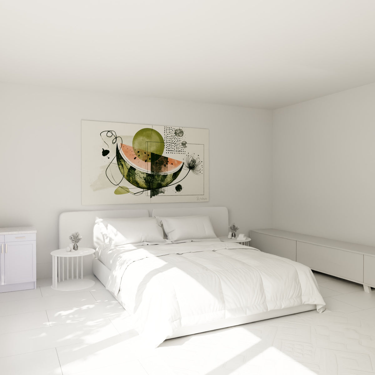 Tranche de pastèque corail et vert olive à l'encre, ombelle dessinée, au-dessus d'un lit dans une chambre claire