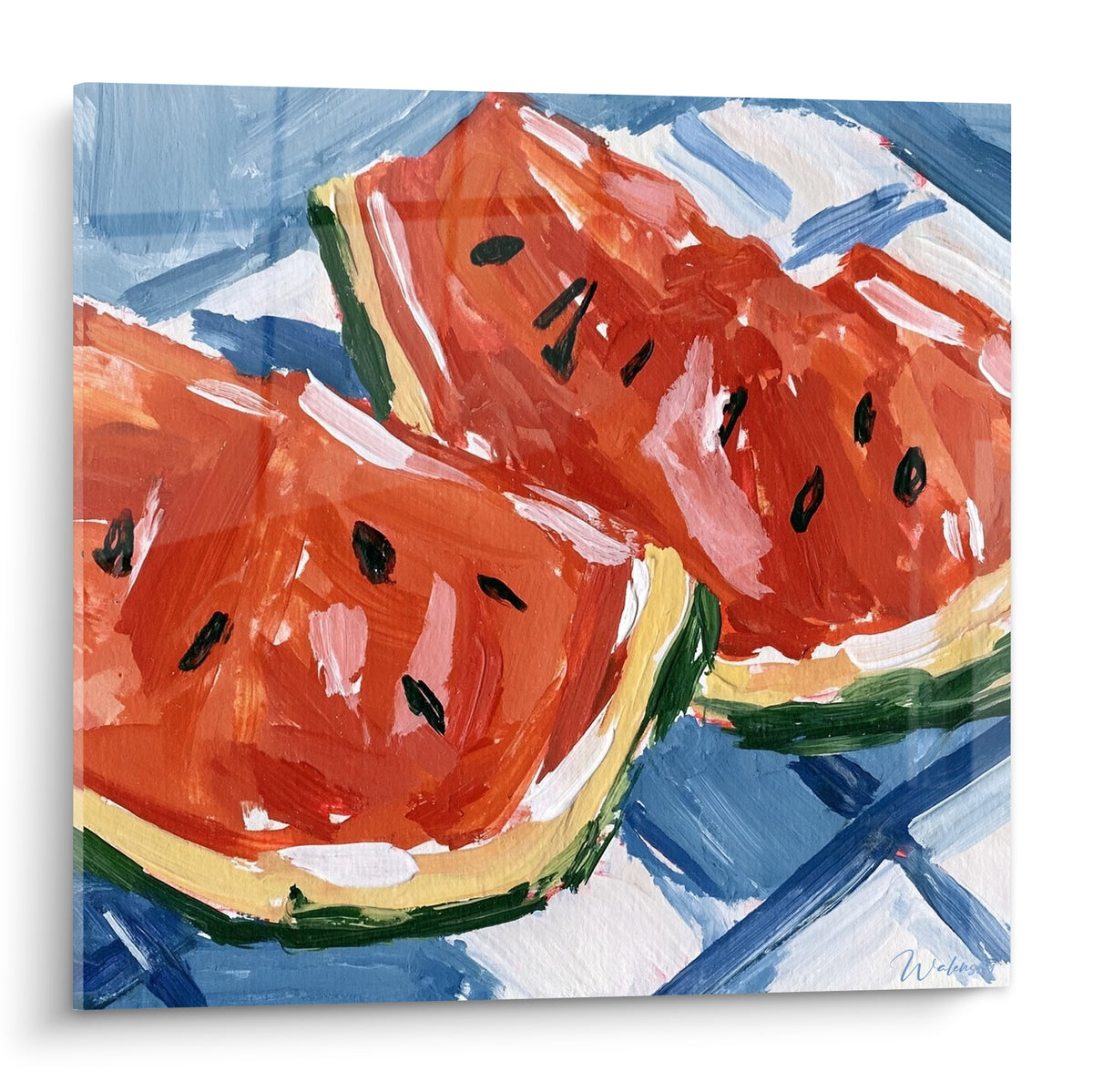 Pastèque tranchée rouge et verte peinte à larges touches sur une nappe vichy bleu et blanc