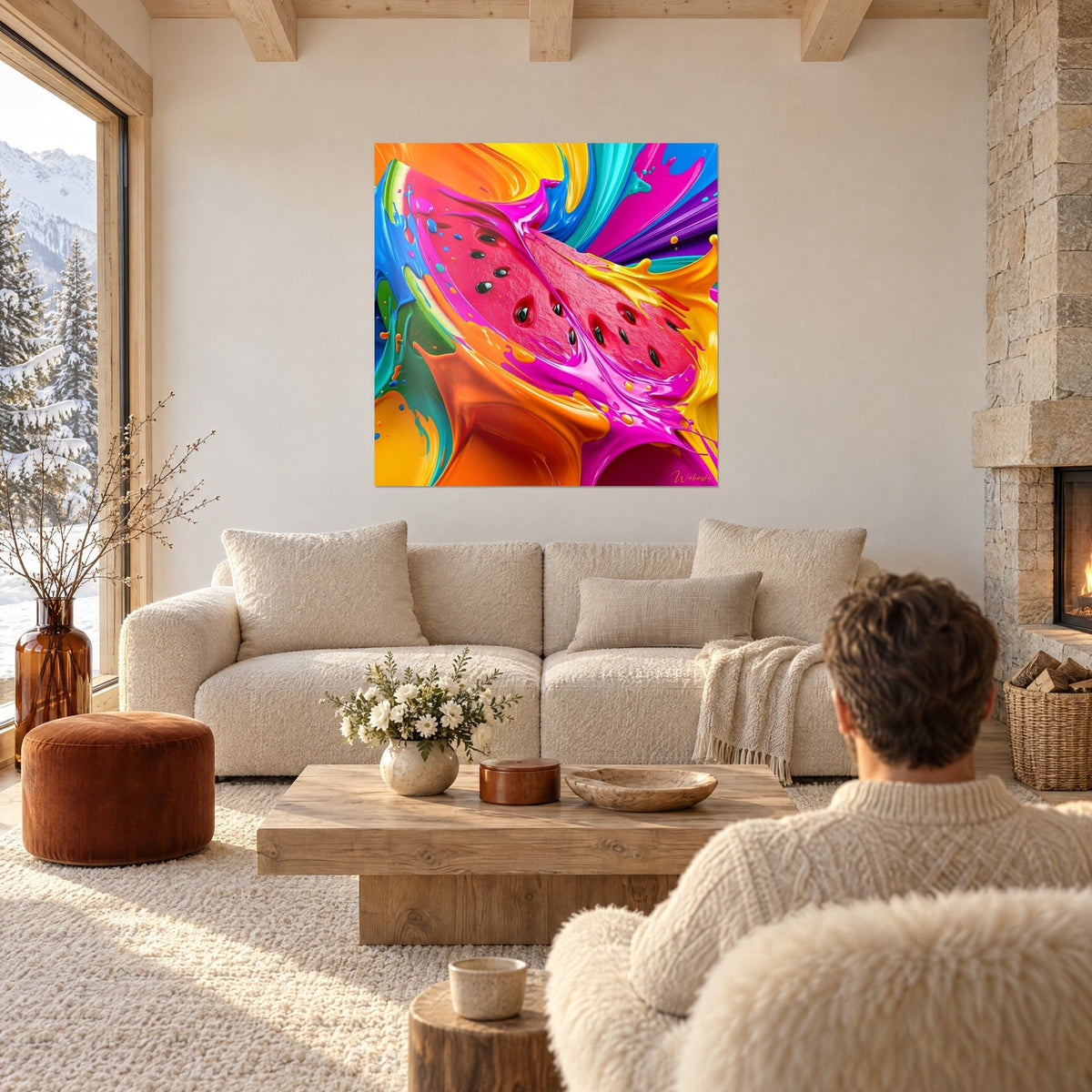 Wall art bright pink watermelon slice splashed with yellow and turquoise paint, above a sofa in a bright living room