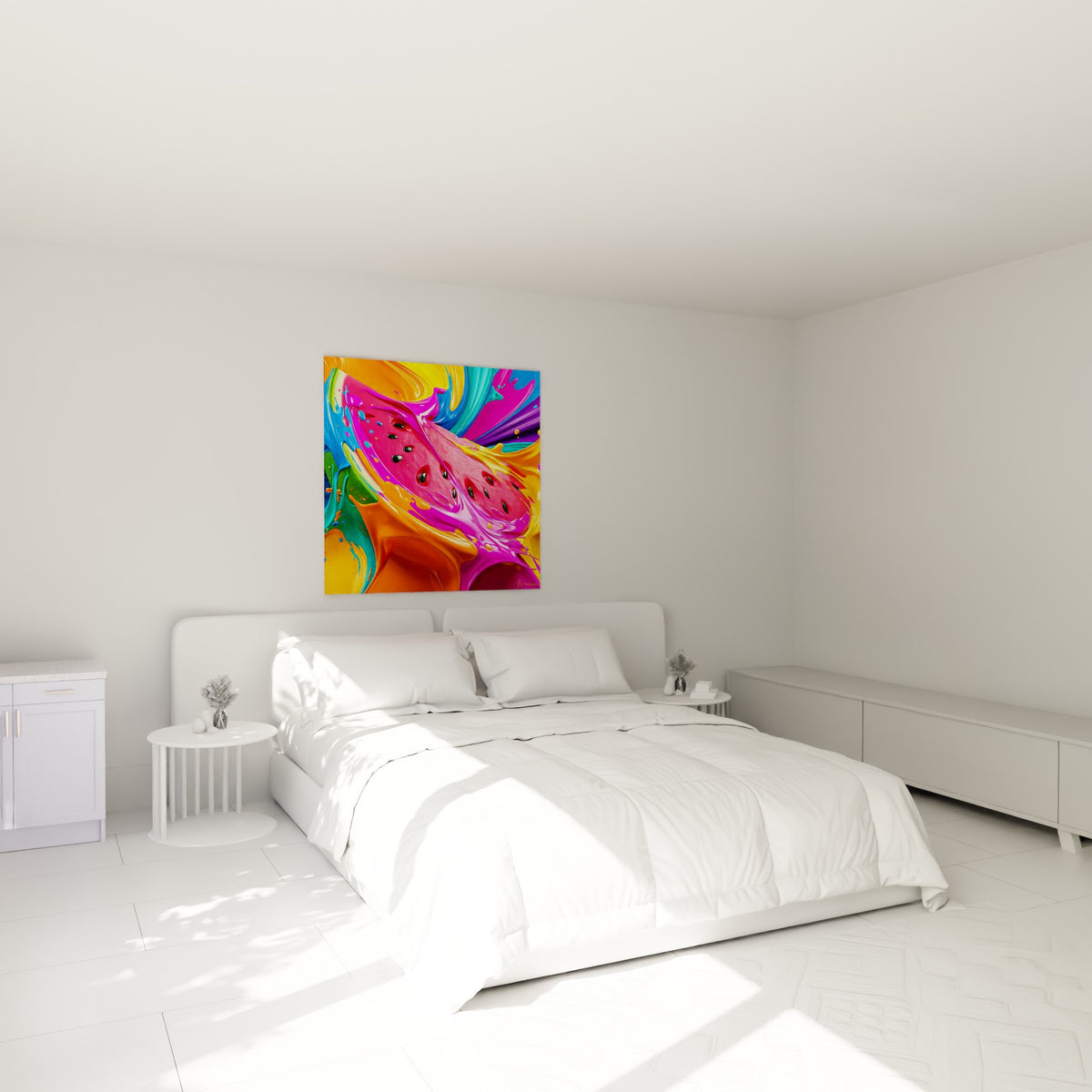 Fruit rouge et magenta figé dans des vagues de peinture colorée, accroché au-dessus d'un lit dans une chambre claire