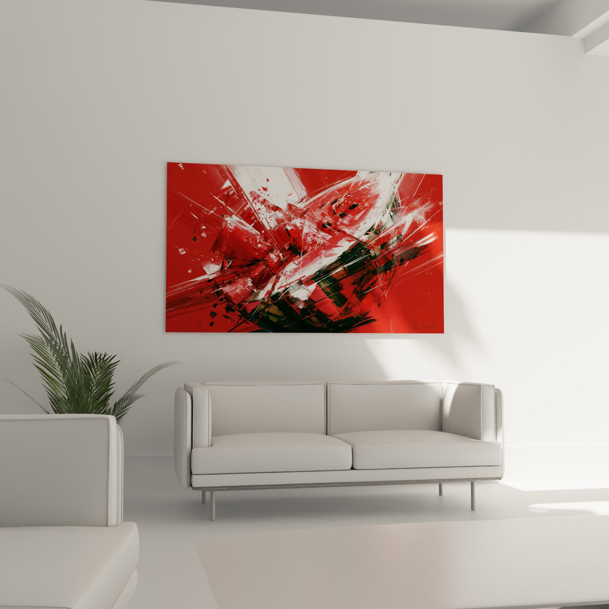Explosion abstraite d'une pastèque rouge, verte et blanche aux formes tranchantes, au-dessus d'un canapé dans un salon lumineux