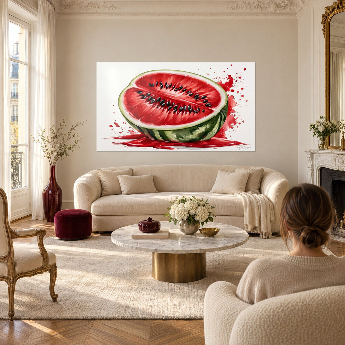Tableau pastèque coupée aux pépins noirs, chair rouge vif et écorce verte, au-dessus d'un canapé dans un salon lumineux