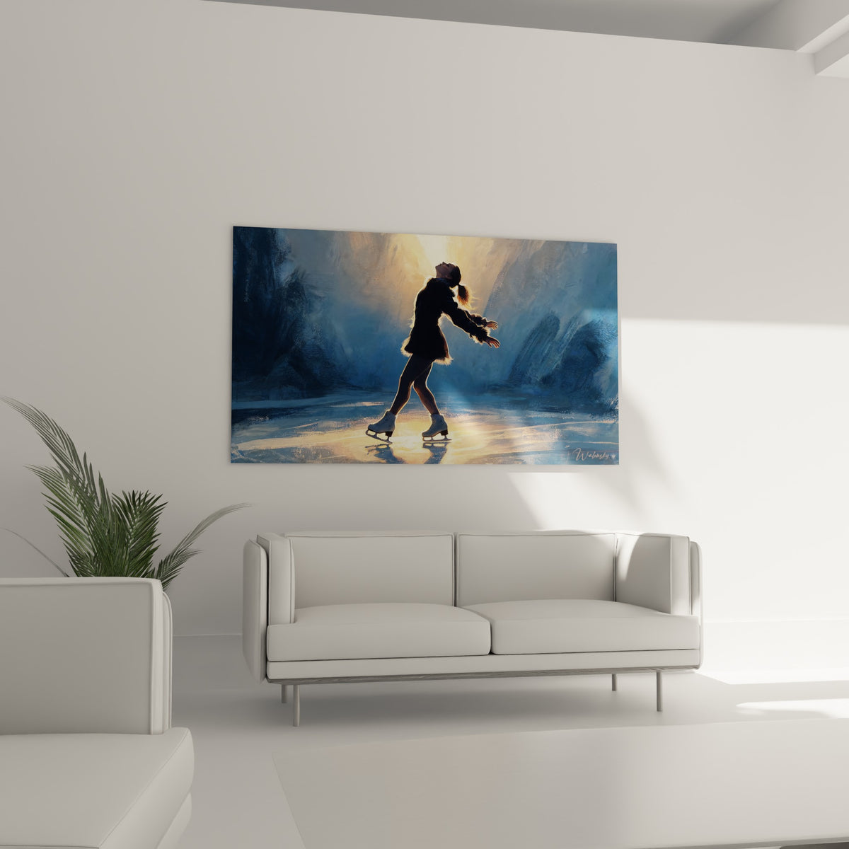 Élan gracieux d'une patineuse illuminée de doré accroché au-dessus d'un canapé dans un salon lumineux