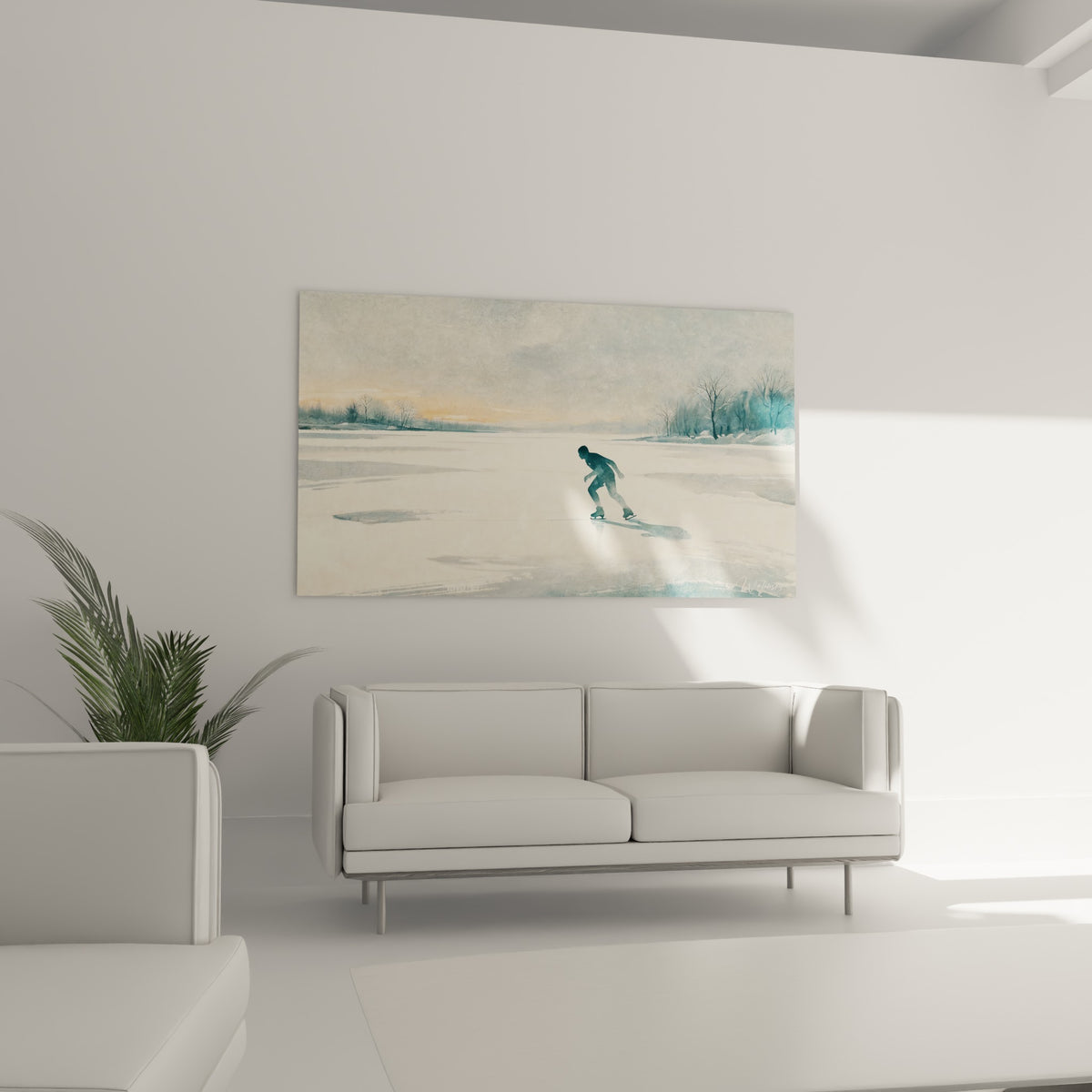Glisse hivernale bleutée et blanche du patineur solitaire, au-dessus d'un canapé dans un salon lumineux