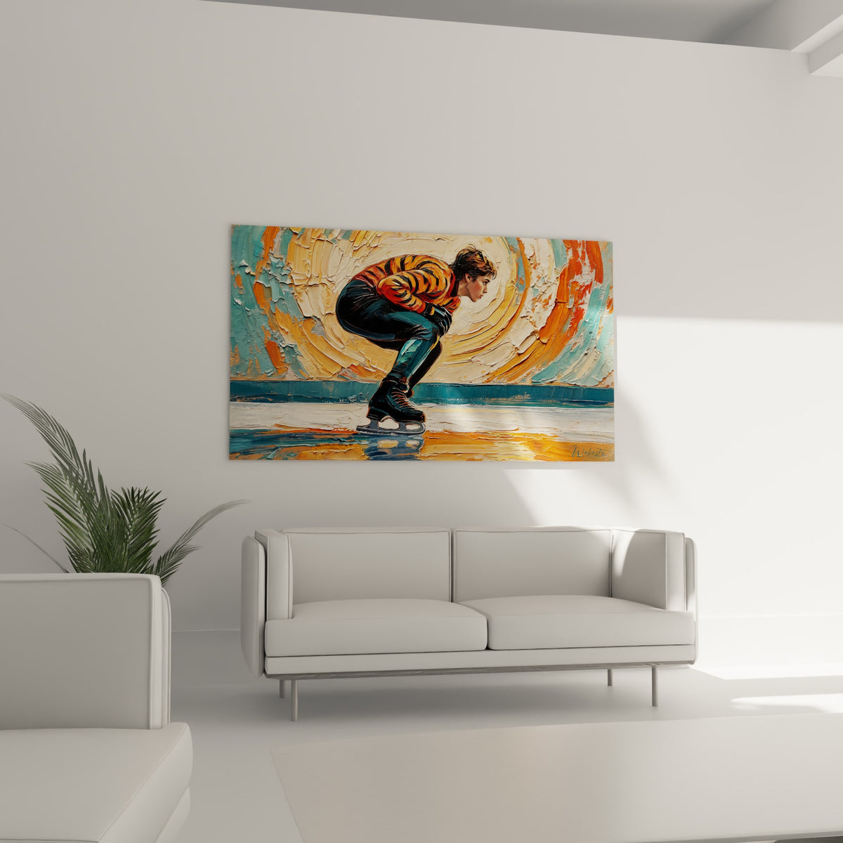 Coude replié, regard fixe, tourbillon terracotta et blanc crème, œuvre suspendue au-dessus d'un canapé dans un salon lumineux
